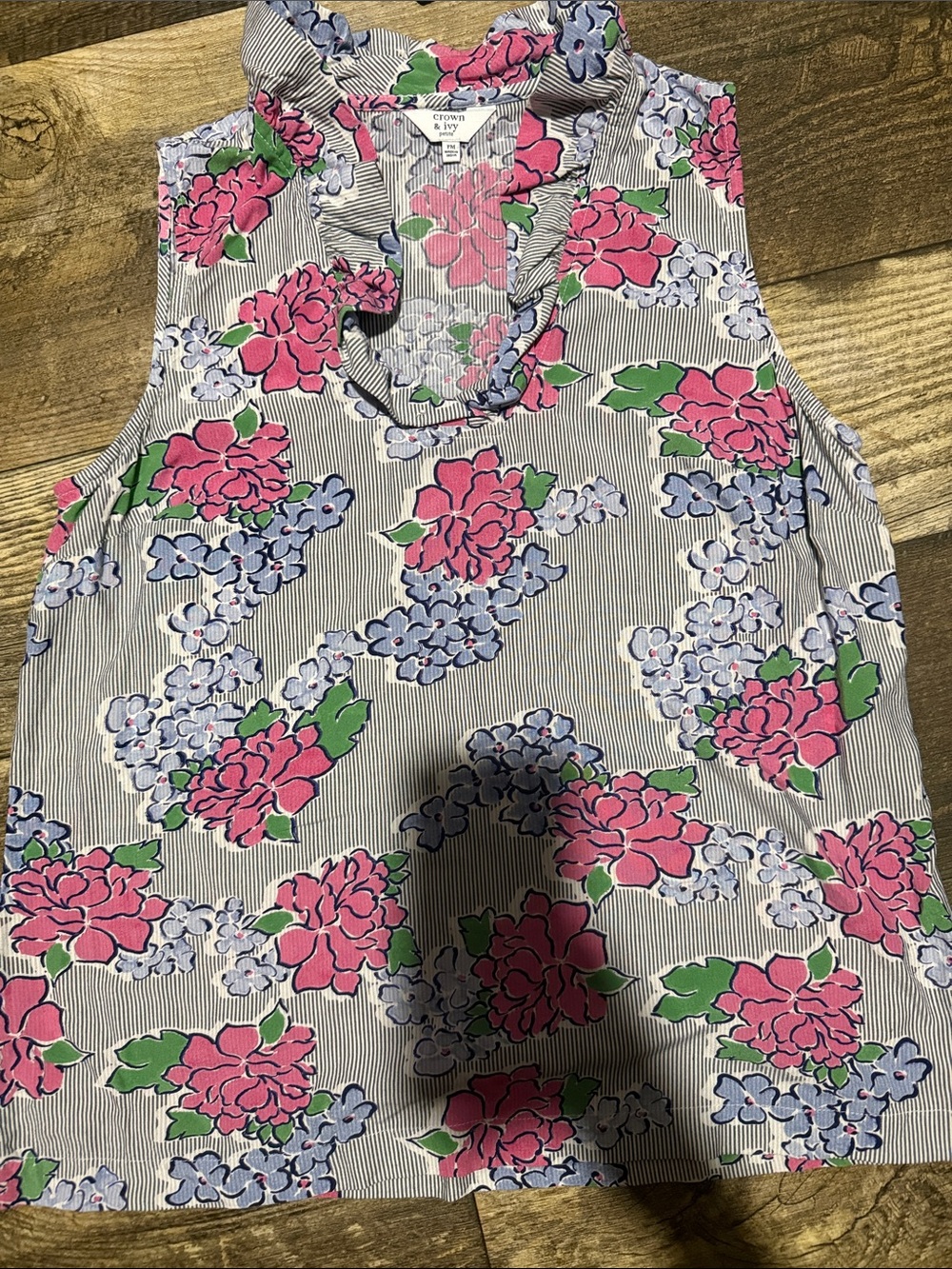crown & ivy Pink, Blue and Green Floral Ruffle-Neck Sleeveless Blouse